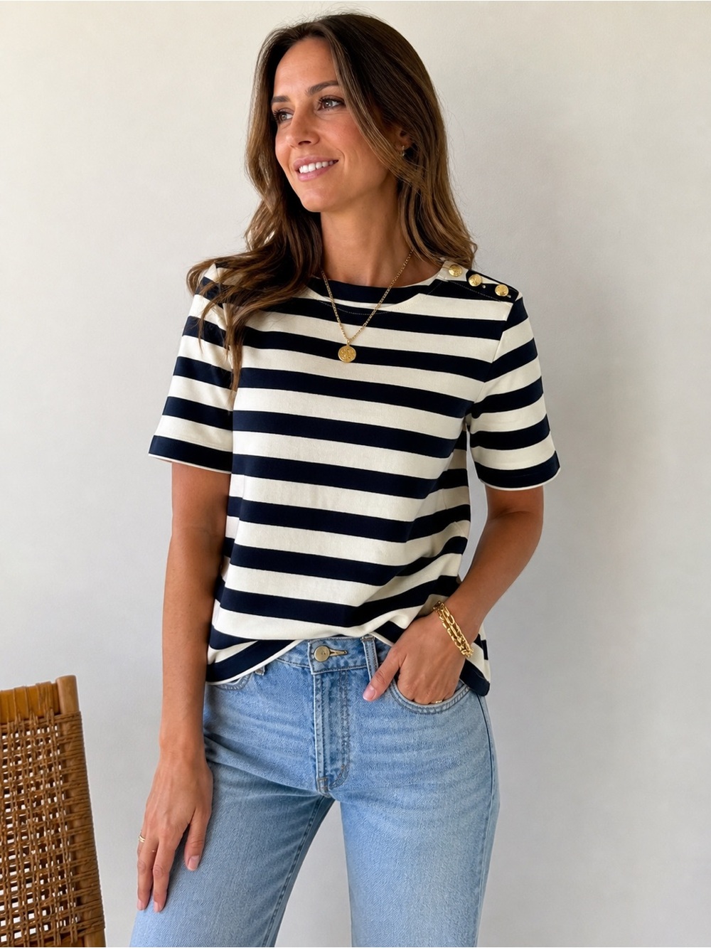 J.Crew Navy White Stripe Top Gold Button Shoulder Small Nautical
